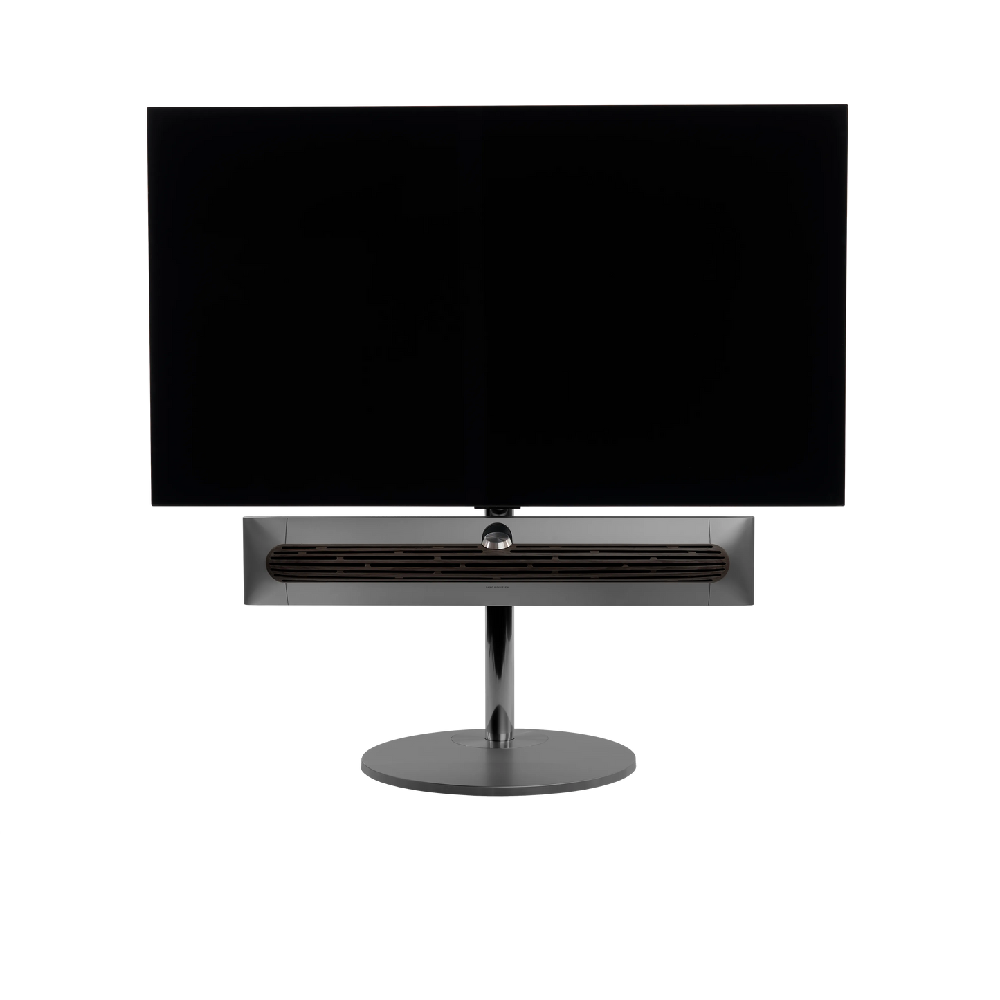 Beosound Premiere in black anthracite auf STB Bodenstandfuß mit Holzcover in Dark Oak und 55 Zoll Panel