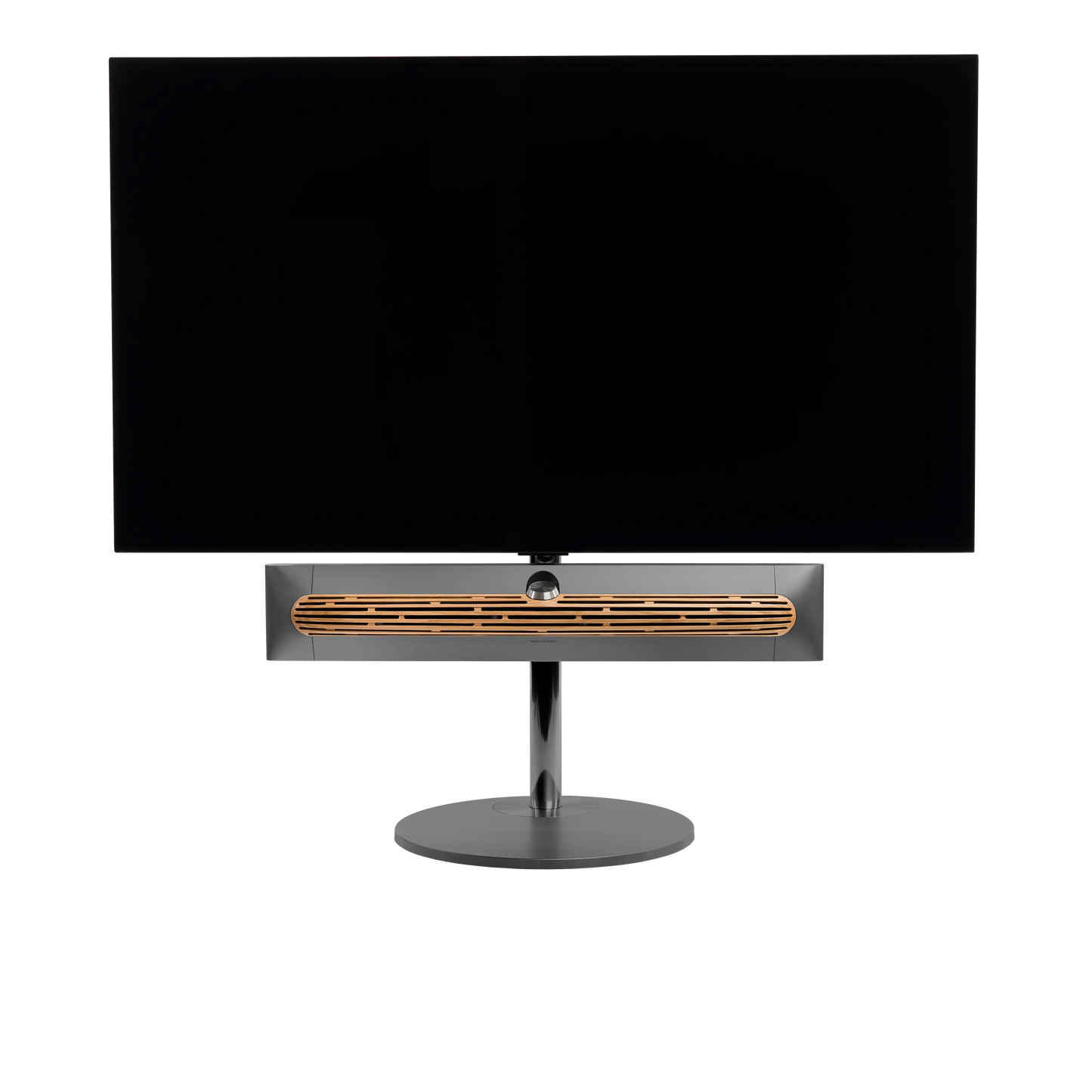Beosound Premiere in black anthracite auf Bodenstandfuß von stb brackets,  mit Eichenholz- Abdeckung vorn, mit 65  Zoll LG OLED Panel - Ansicht frontal 