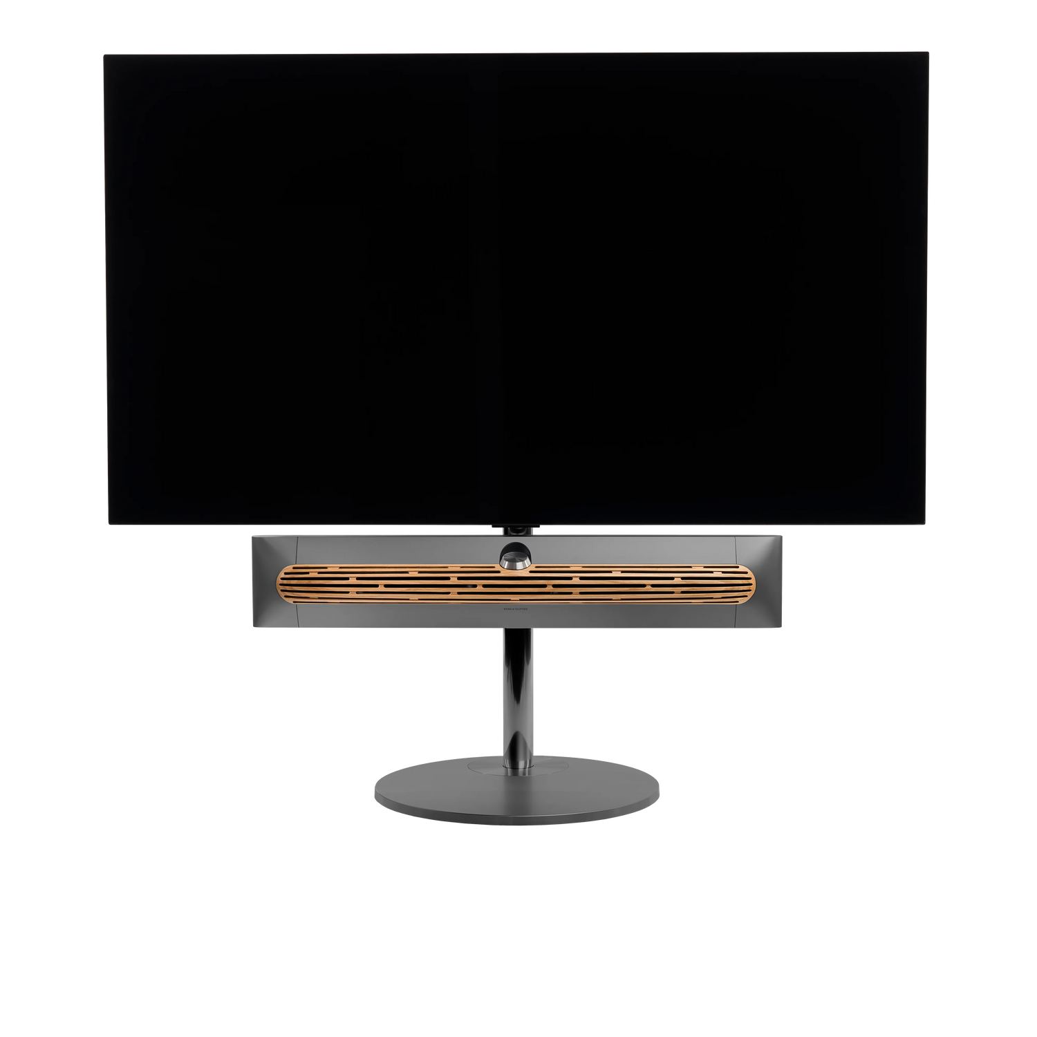 Beosound Premiere in black anthracite auf Bodenstandfuß von stb brackets,  mit Eichenholz- Abdeckung vorn, mit 65  Zoll LG OLED Panel - Ansicht frontal 