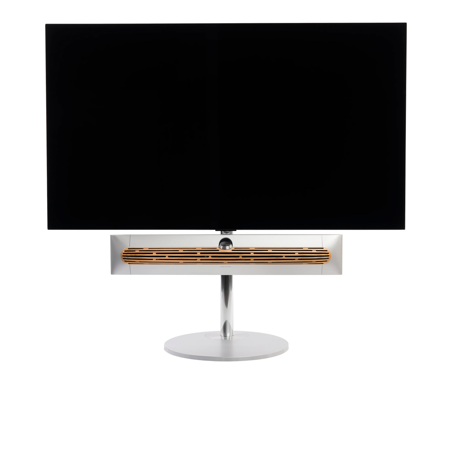Beosound Premiere in natural aluminium auf STB Bodenstandfuß mit Eichenholzcover , mit 65 Zoll LG OLED Panel - Frontale Ansicht
