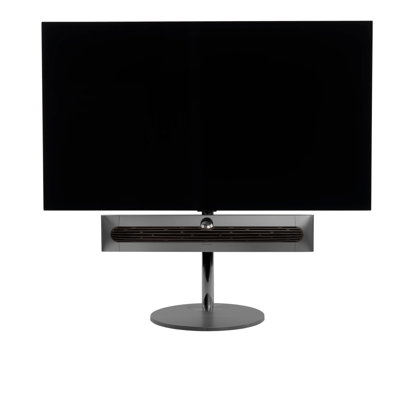 Beosound Premiere in black anthracite auf STB Bodenstandfuß mit Holzcover in Dark Oak und 65 Zoll Panel