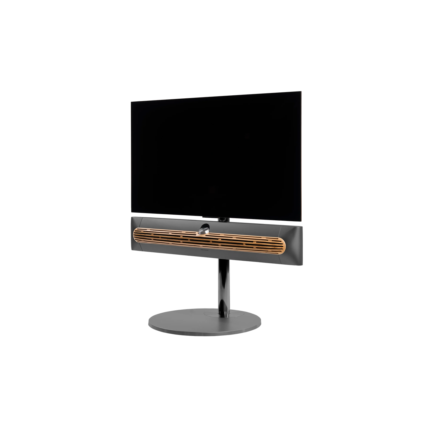 Beosound Premiere in black anthracite auf Bodenstandfuß von stb brackets,  mit Eichenholcover, mit 42  Zoll LG OLED Panel - Ansicht schräg vorn 
