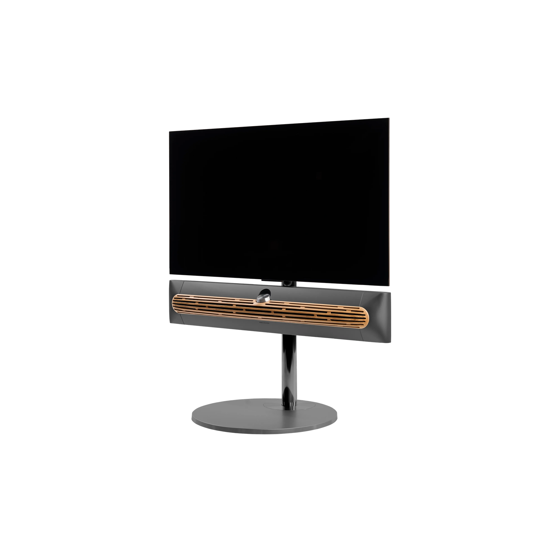 Beosound Premiere in black anthracite auf Bodenstandfuß von stb brackets,  mit Eichenholcover, mit 42  Zoll LG OLED Panel - Ansicht schräg vorn 
