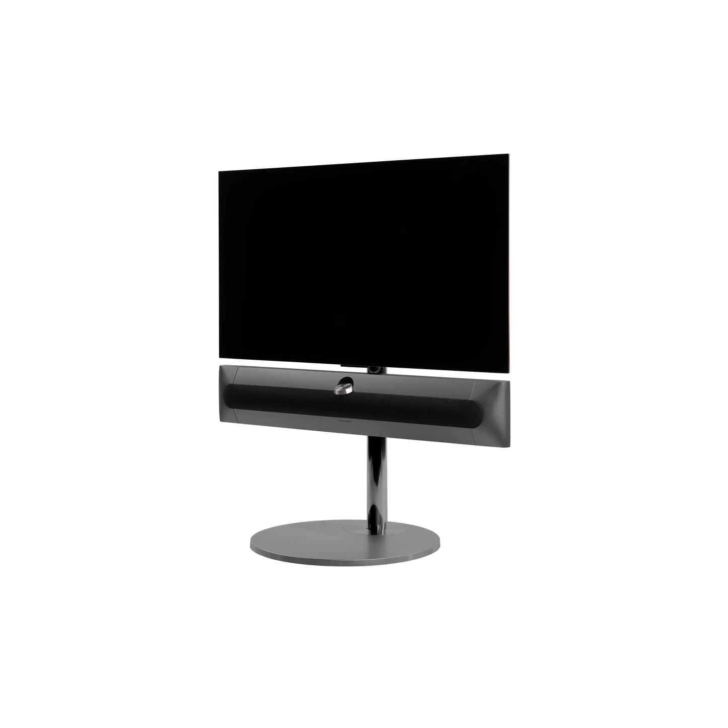 Beosound Premiere in black anthracite auf Bodenstandfuß von stb brackets,  mit Stoffcover, mit 42  Zoll LG OLED Panel - Ansicht schräg vorn 