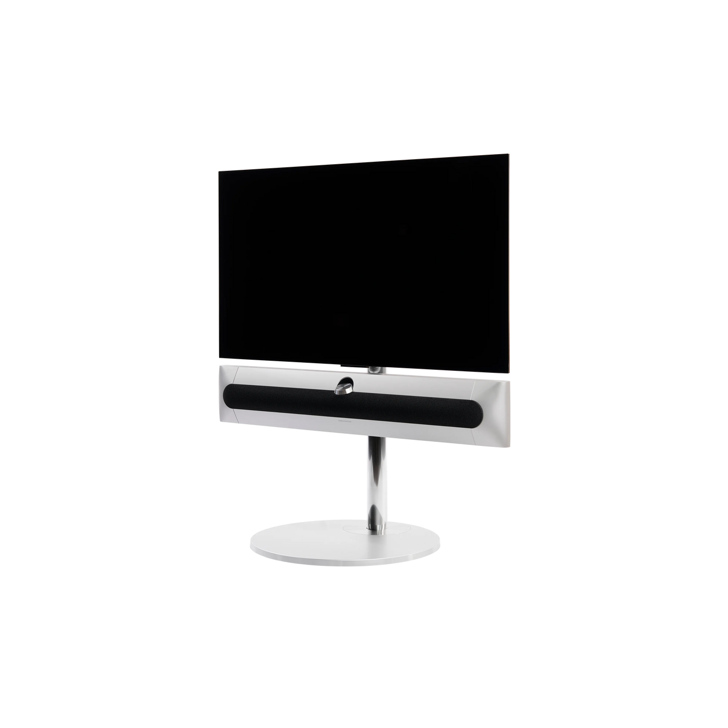 Beosound Premiere in natural aluminium auf STB Bodenstandfuß mit Stoffcover , mit 42 Zoll LG OLED Panel - Ansicht schräg von der Seite