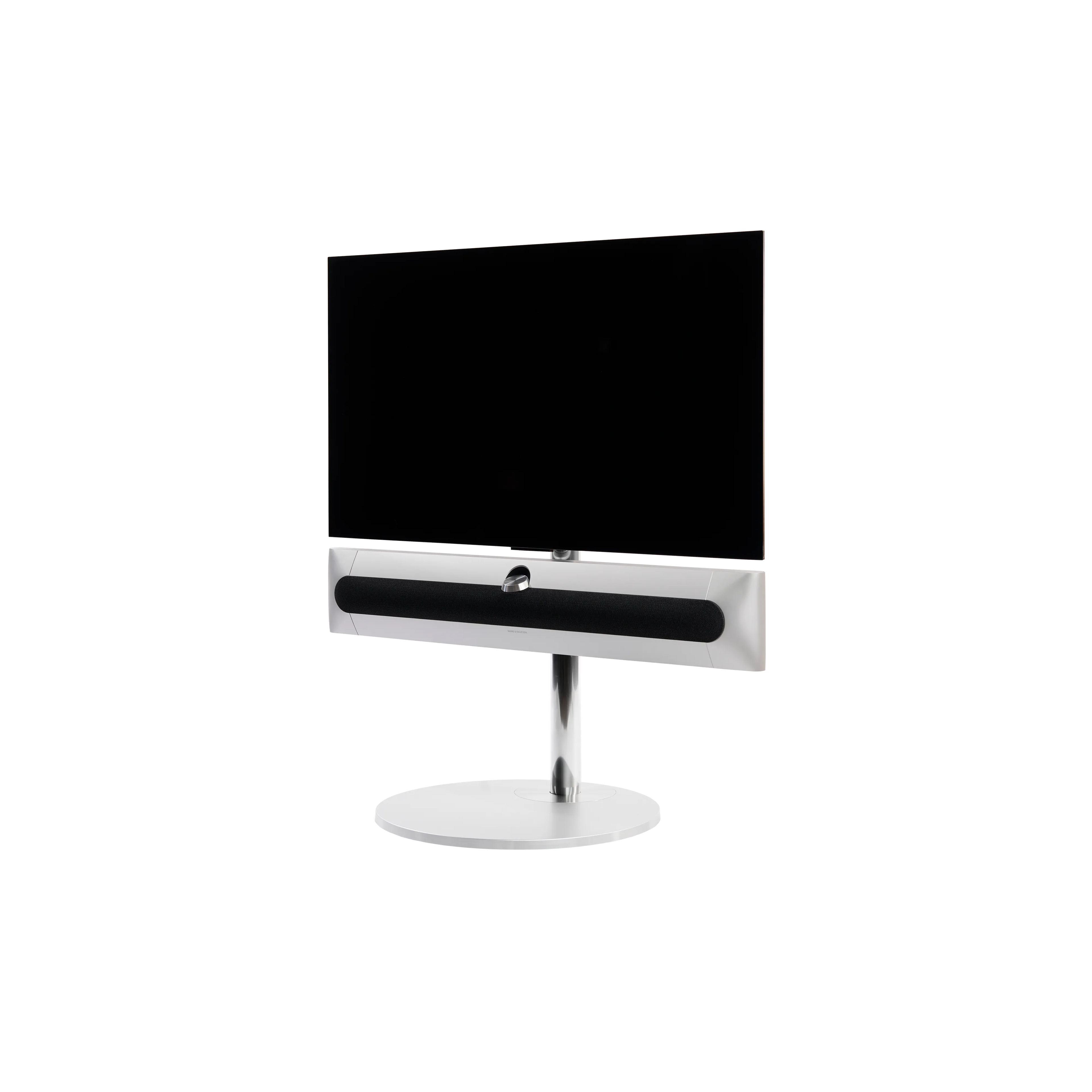 Beosound Premiere in natural aluminium auf STB Bodenstandfuß mit Stoffcover , mit 42 Zoll LG OLED Panel - Ansicht schräg von der Seite