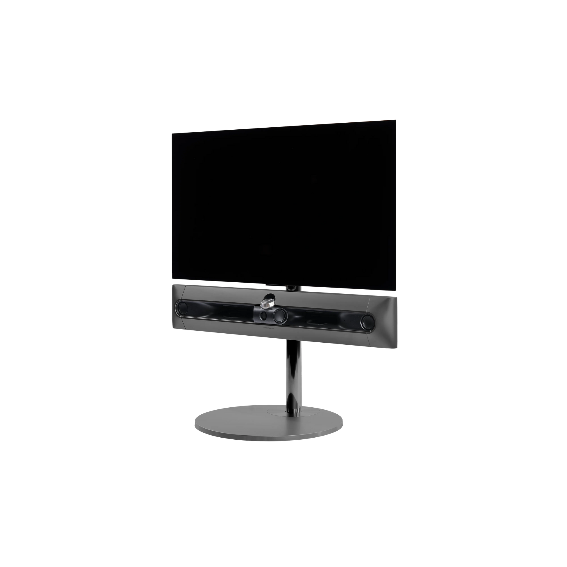 Beosound Premiere in black anthracite auf Bodenstandfuß von stb brackets,  ohne Cover, mit 42  Zoll LG OLED Panel - Ansicht schräg vorn 