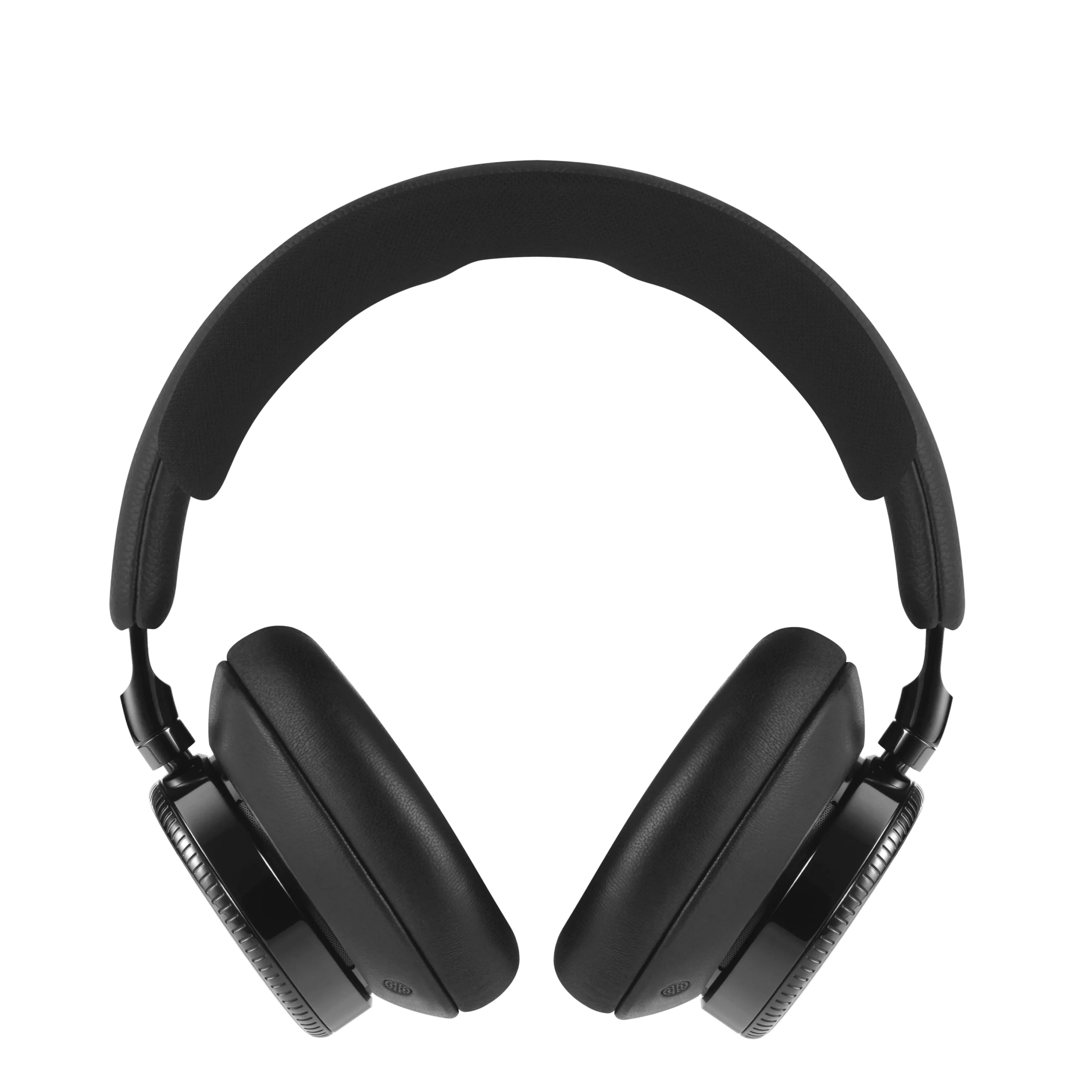 Symmetrische Frontansicht des limitierten Bang & Olufsen Beoplay H100 fragment edition Kopfhörers. Das freigestellte Bild betont das monochrome, tiefschwarze Design, den edel verarbeiteten Kopfbügel und die präzise geformten Ohrmuscheln der exklusiven Kollaboration.