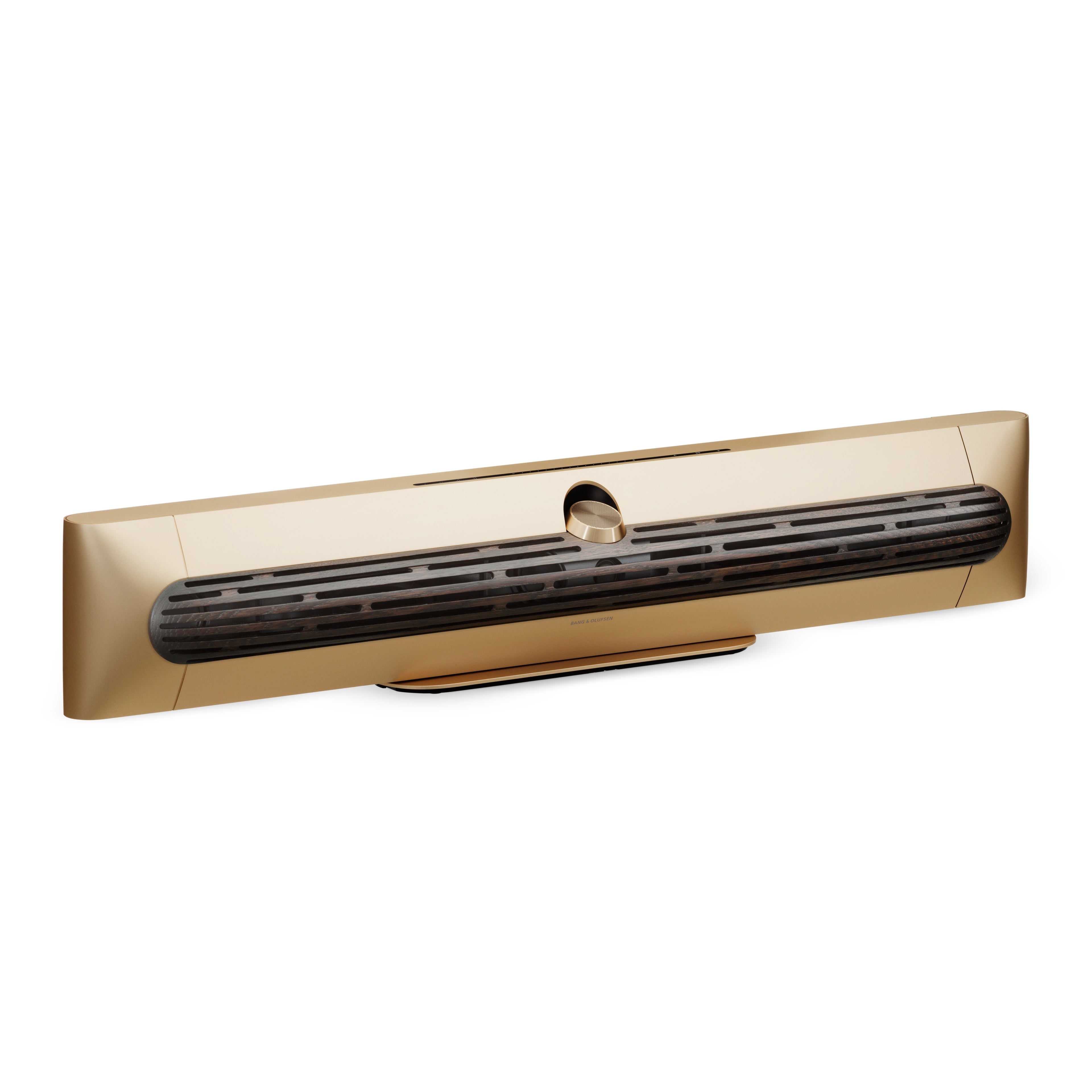 Bang & olufsen Beosound Premiere Soundbar in Gold Tone - Ansicht von vorn mit Cover in Dark Oak