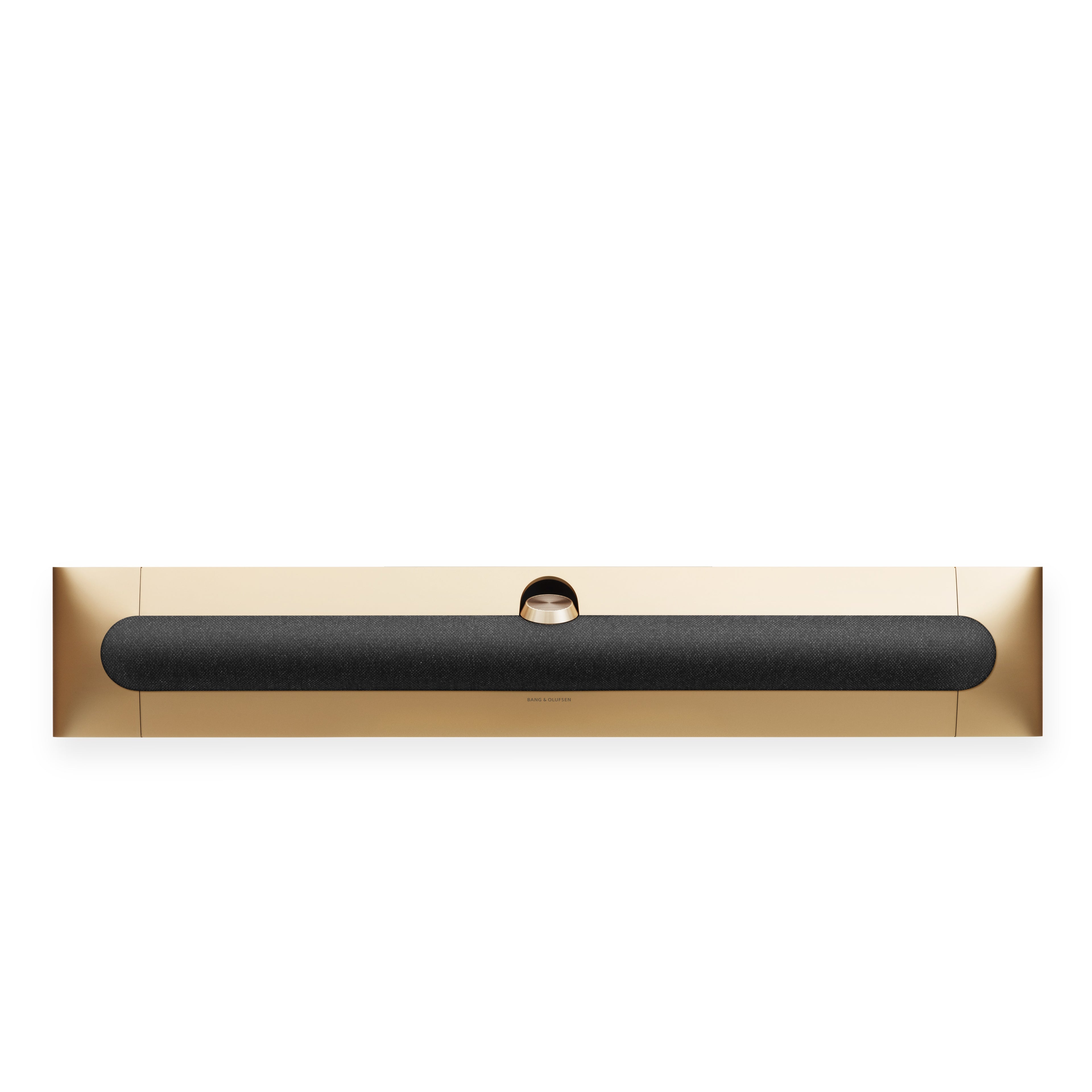 Bang & olufsen Beosound Premiere Soundbar in Gold Tone - Ansicht von vorn mit Cover aus Stoff in Grey Mélange