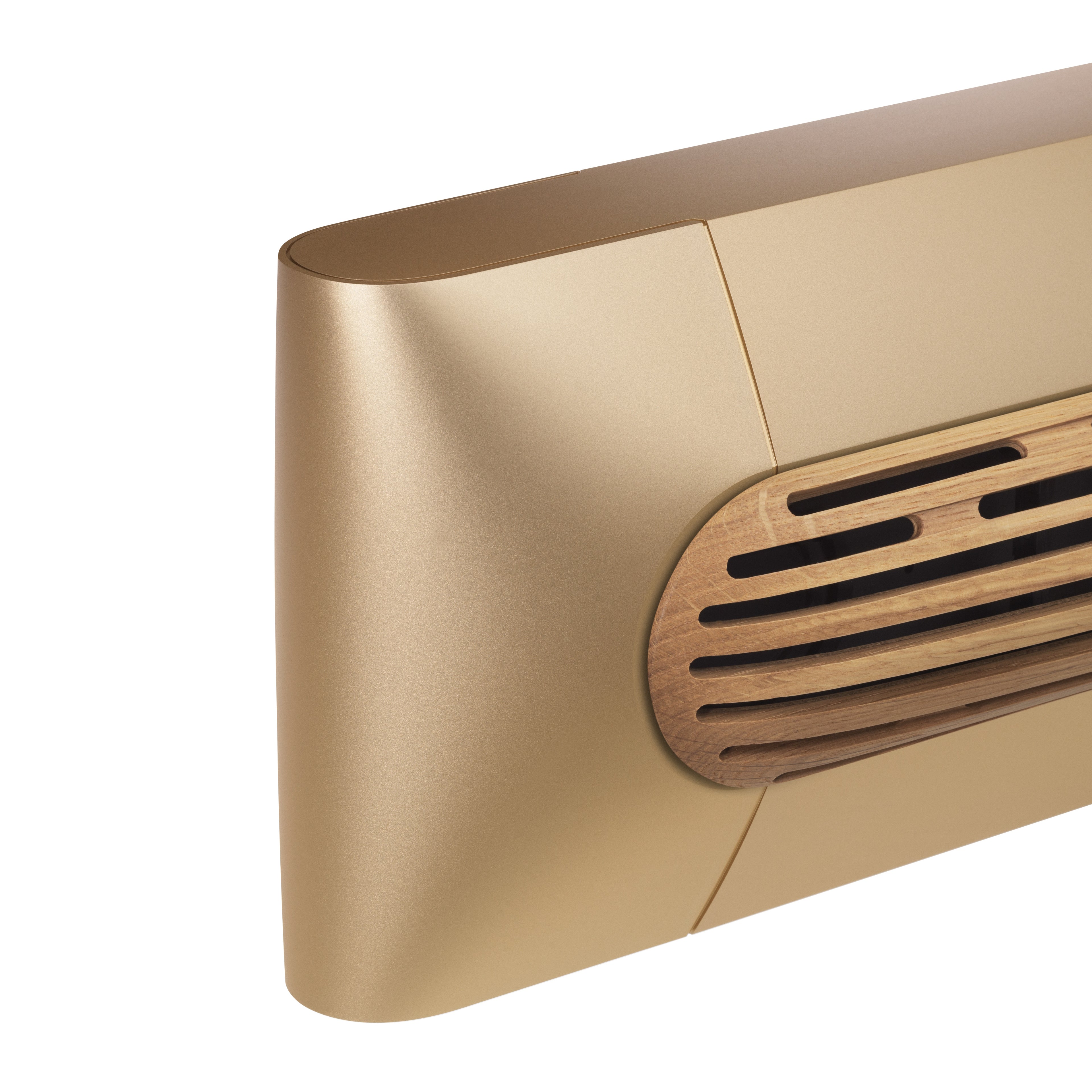 Bang & olufsen Beosound Premiere Soundbar in Gold Tone - Ansicht von vorn mit Cover in Oak