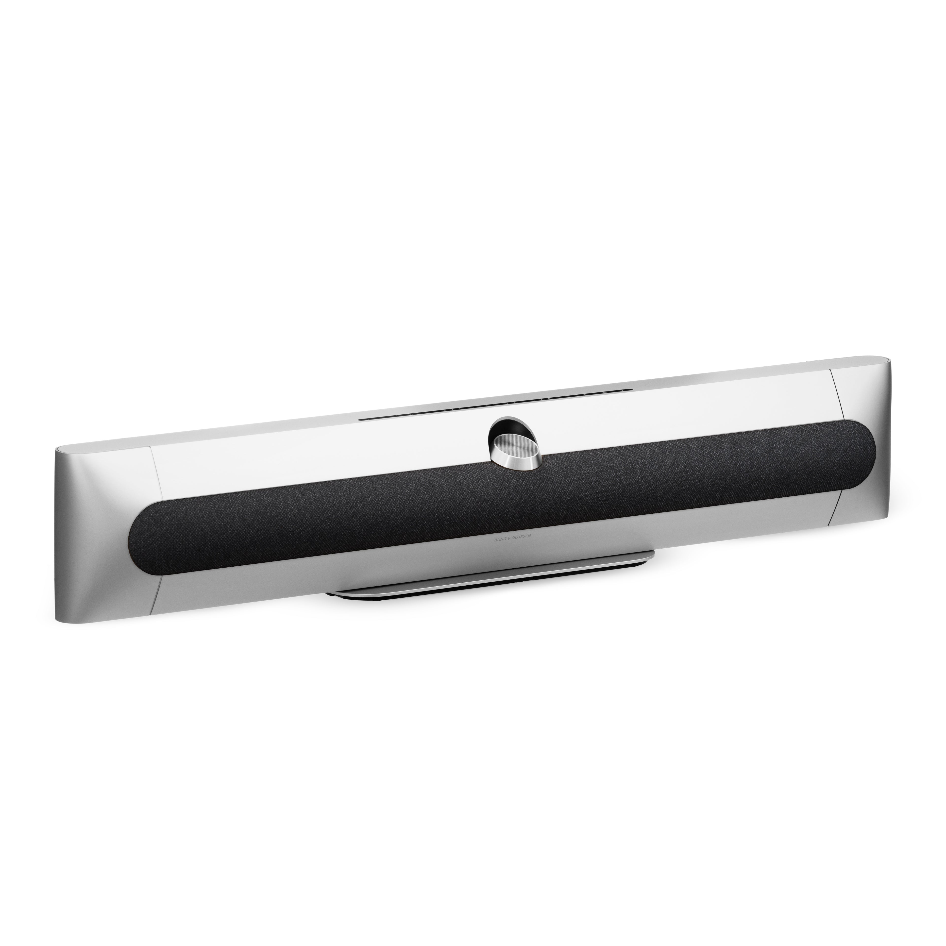 Bang & olufsen Beosound Premiere Soundbar in Natural Aluminium - Ansicht von vorn mit Cover aus Textil in Grey Mélange auf Tischstandfuß