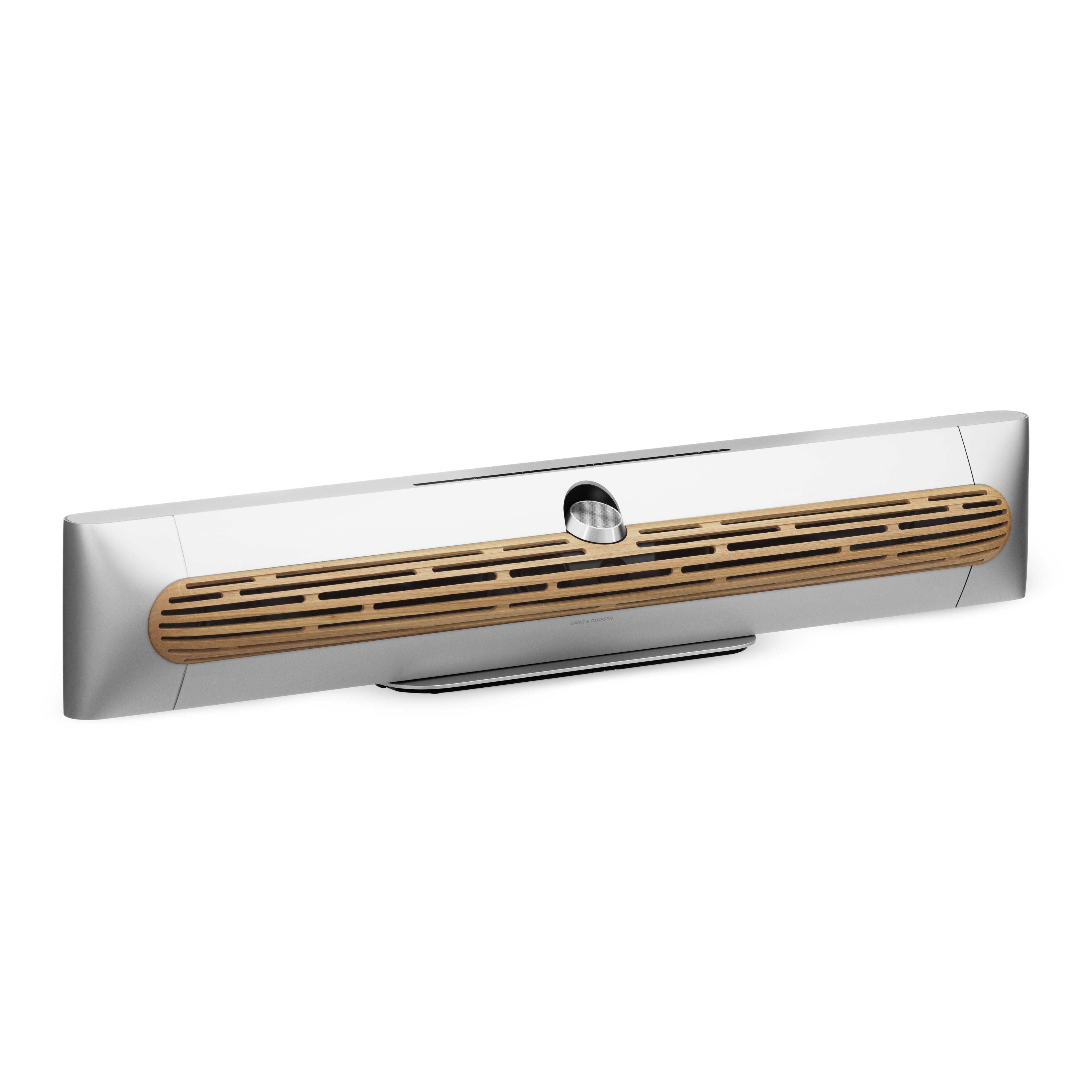 Bang & olufsen Beosound Premiere Soundbar in Natural Aluminium - Ansicht von vorn mit Cover in Eichenholz auf Tischstandfuß