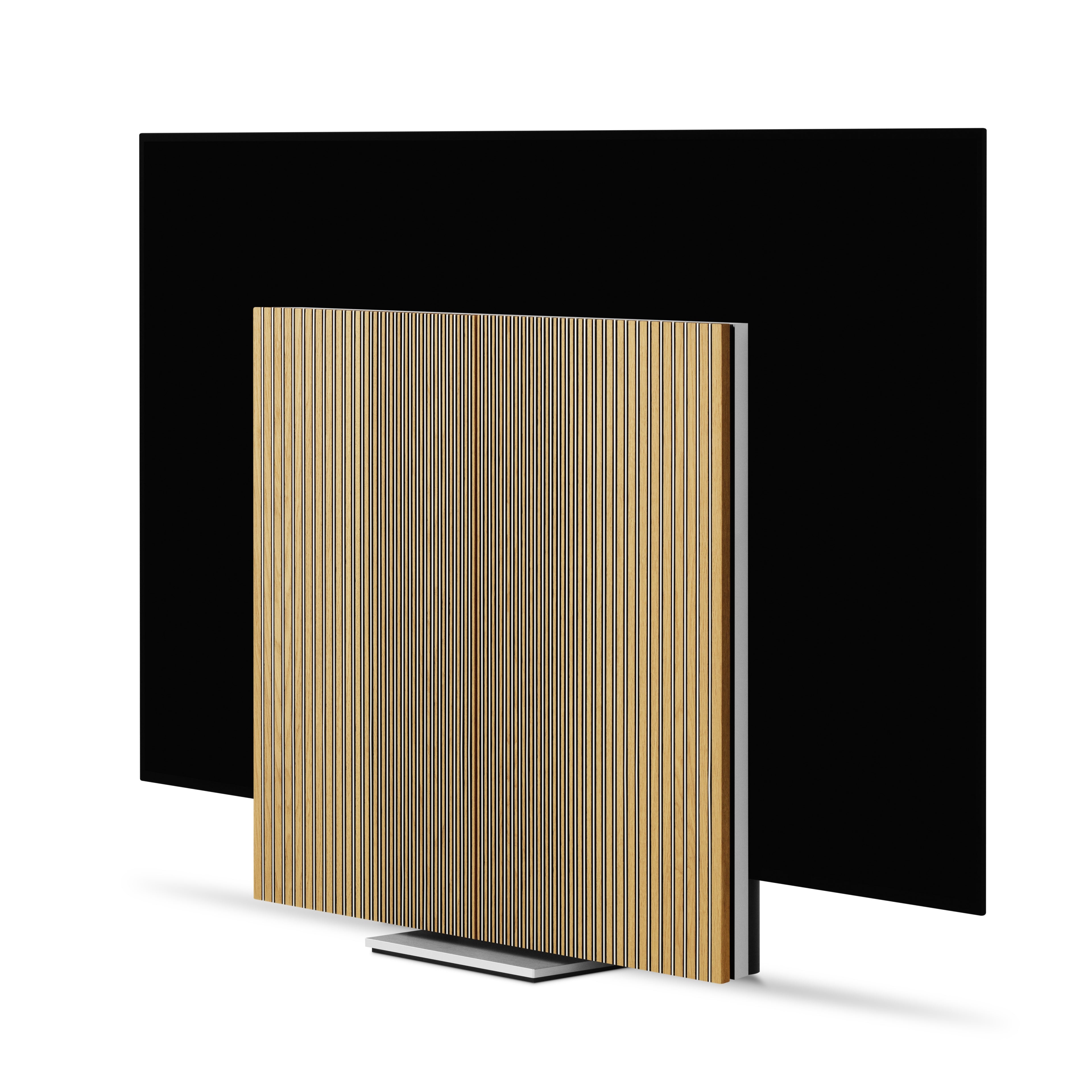 Beovision Harmony in silber/oak auf Bodenstandfuß  sich öffnendes Soundcenter seitliche Ansicht