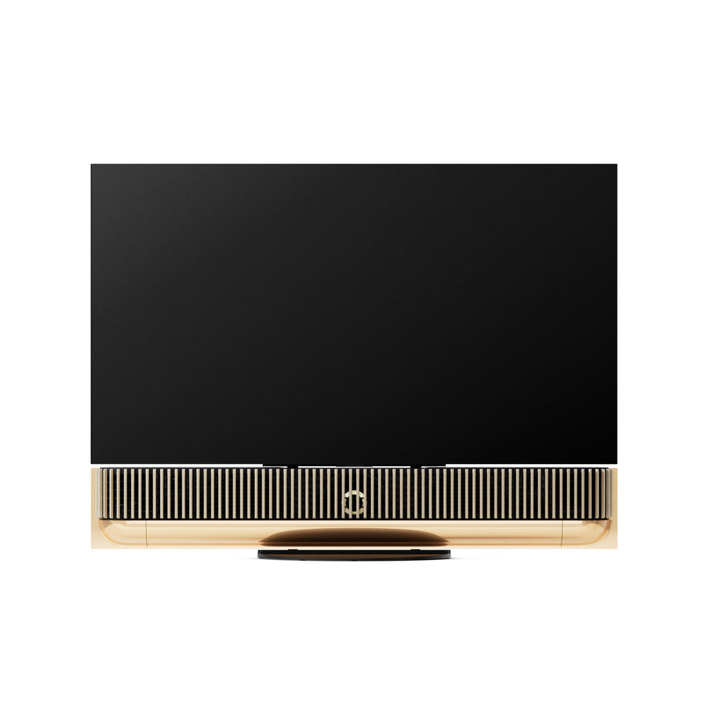 Bang & Olufsen Beovision Theatre 55 Zoll auf Tischstandfuß mit Holzcover in heller Eiche frontale Ansicht