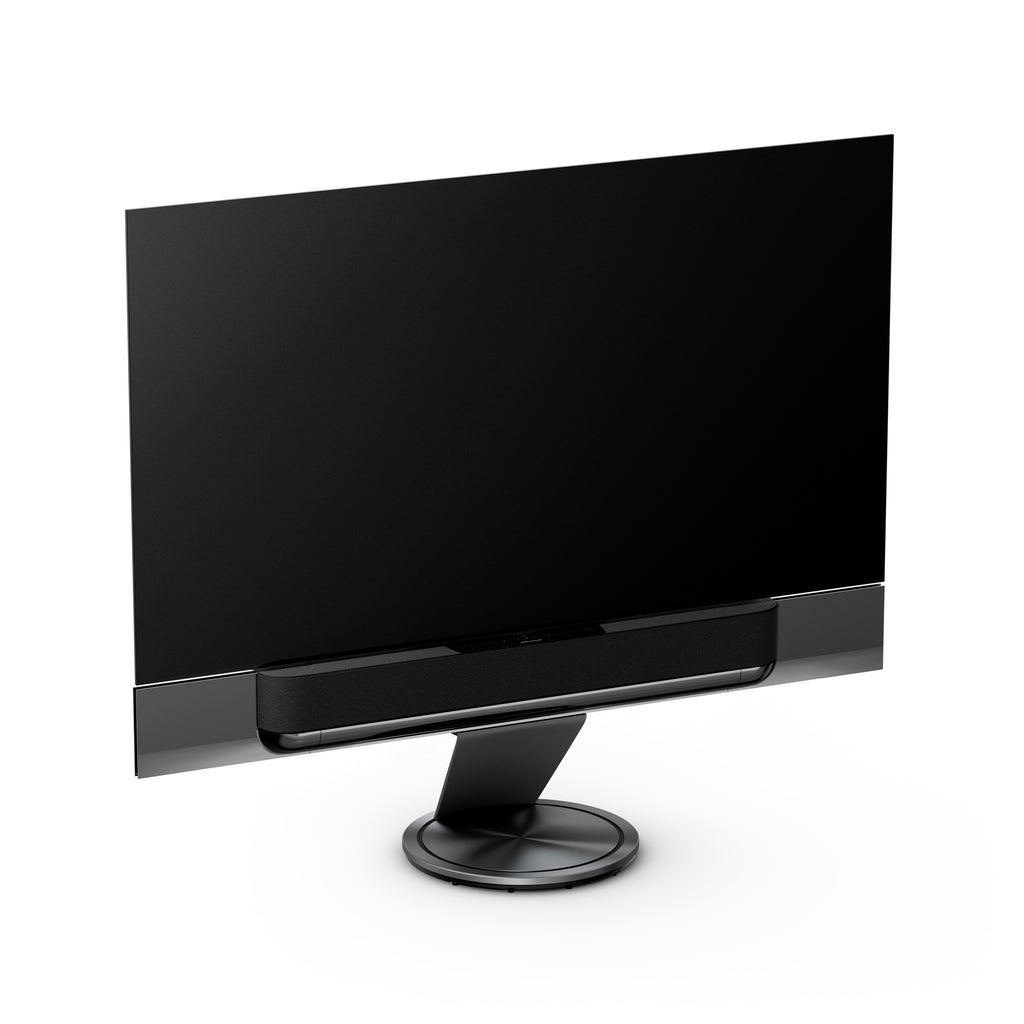 Bang & Olufsen Beovision Theatre 77 Zoll in black anthracite mit Grey melange Cover auf Motorbodenstandfuß