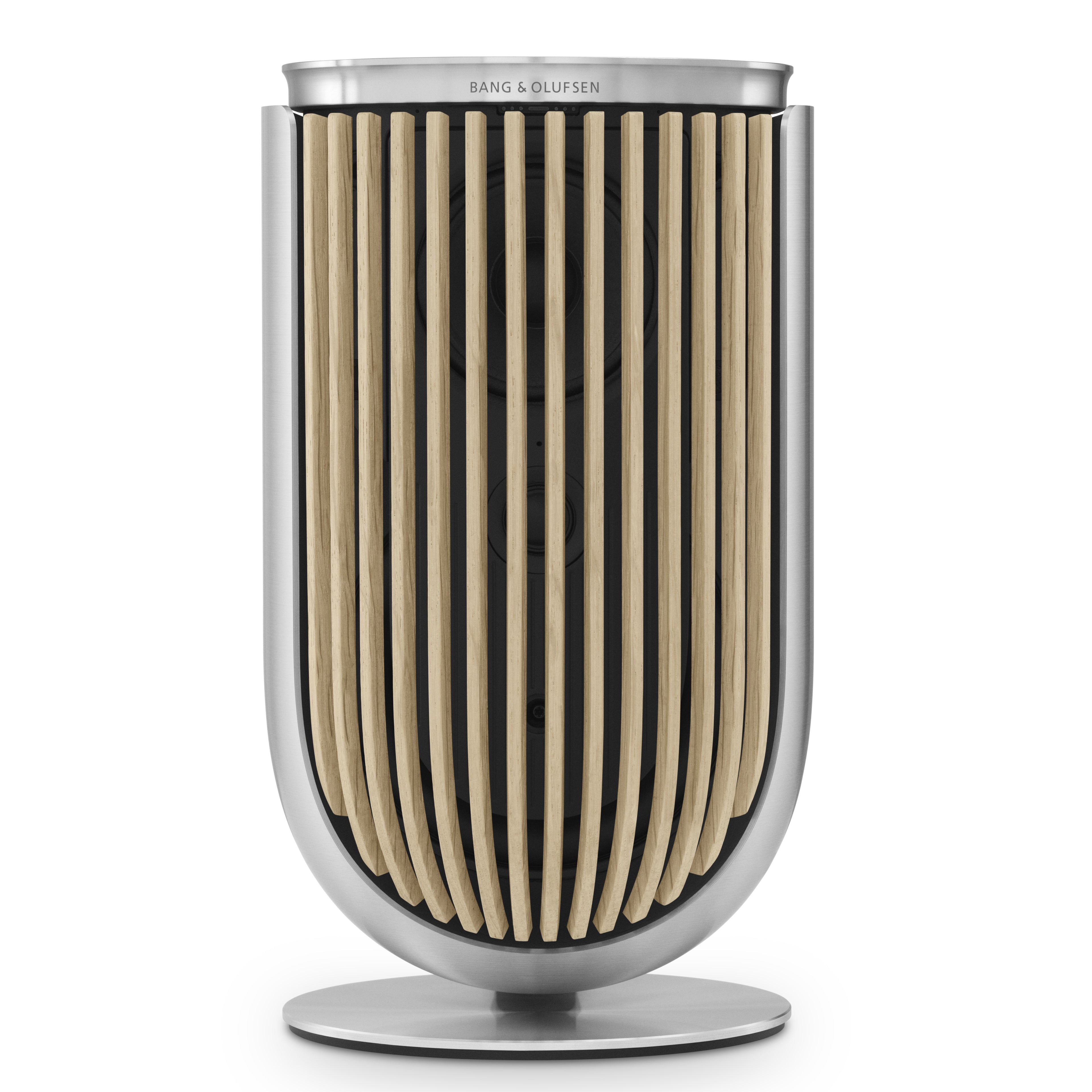 Bang & Olufsen BeoLab 8 in silber mit Light Oak Cover auf Tischstandfuß