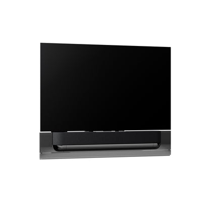 BeoSound Theatre in black anthracite as TV in 65 inches with fabric cover in grey melange on wall bracket