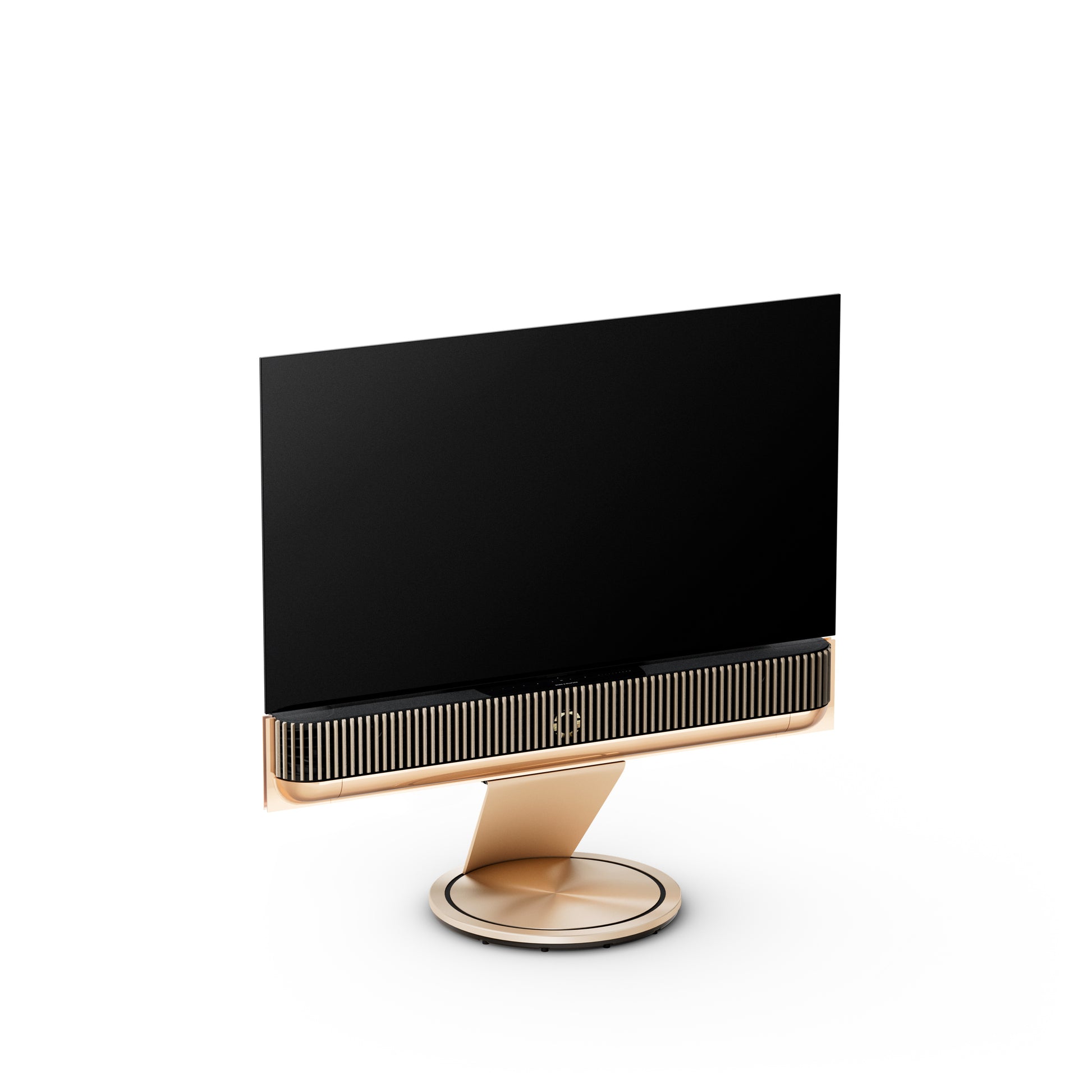 BeoSound Theatre in gold tone as TV in 55 inches with cover in light oak on floor stand